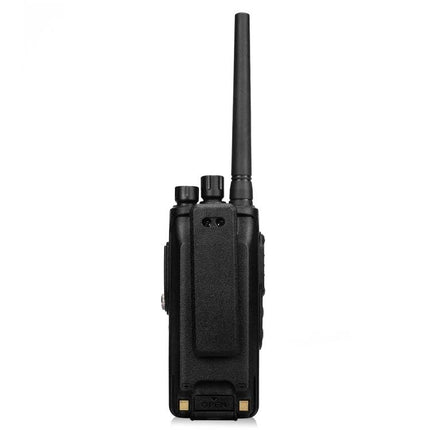 Retevis RT83 Waterproof DMR Digital Two-Way Radio with GPS – black handheld radio rear view with antenna and belt clip for outdoor and professional use