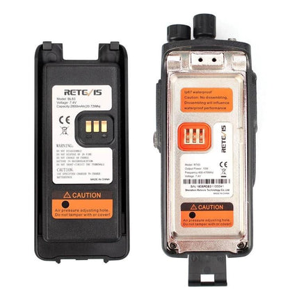 Retevis RT83 Waterproof DMR Digital Two-Way Radio with GPS battery compartment and back cover showing contacts and warning labels
