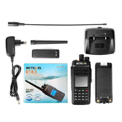 Retevis RT83 Waterproof DMR Digital Two-Way Radio with GPS and accessories laid out for hiking, construction, and emergency use