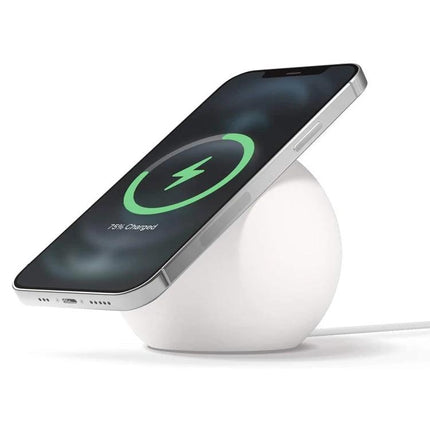 Silicone Pellet MagSafe Charger Holder for iPhone 12 Series showing phone charging on a non-slip silicone puck, stabilizes charger and protects cable