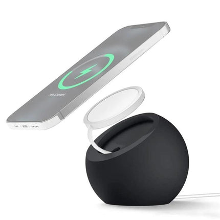 Silicone Pellet MagSafe Charger Holder for iPhone 12 Series stabilizing MagSafe puck in black silicone desk and bedside charger stand
