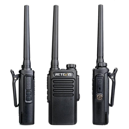 Retevis Waterproof Walkie Talkie for Everyday Communication showing front and side views, IP67 dust and water protection, hands-free clip