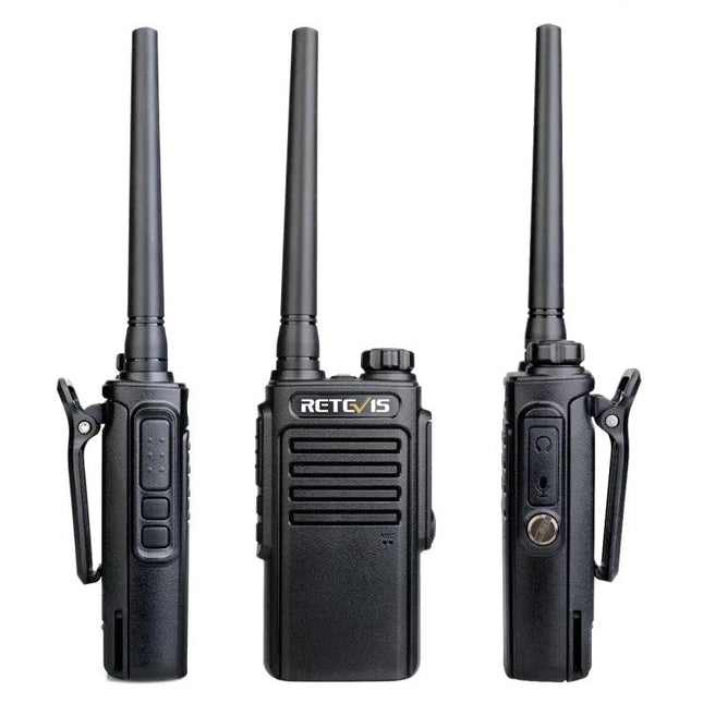 Retevis Waterproof Walkie Talkie for Everyday Communication showing front and side views, IP67 dust and water protection, hands-free clip