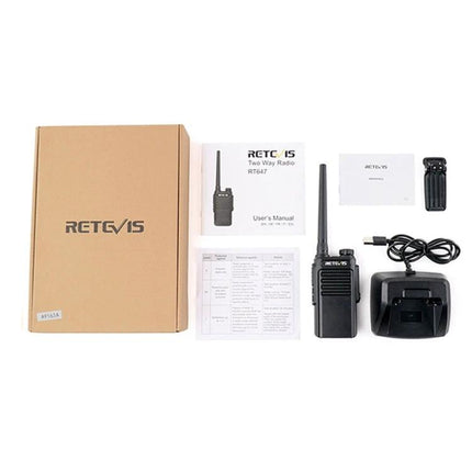 Retevis Waterproof Walkie Talkie for Everyday Communication unboxed with charger, manual, belt clip and accessories, IP67 waterproof two-way radio