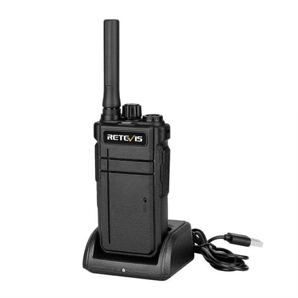 RETEVIS License-Free Bluetooth Walkie Talkie for Daily Use black handheld radio on charging dock, ideal for outdoor adventures and team coordination