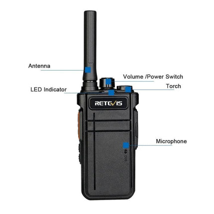 RETEVIS License-Free Bluetooth Walkie Talkie for Daily Use front view showing antenna, volume/power switch, LED indicator, torch, and microphone