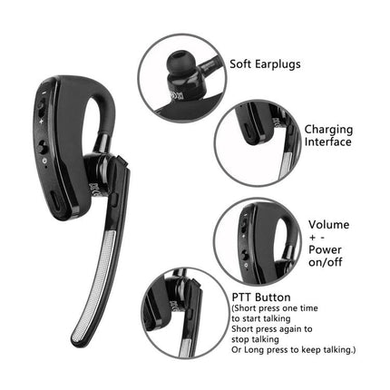 RETEVIS License-Free Bluetooth Walkie Talkie for Daily Use black single-ear headset with PTT button, volume controls, charging interface and soft earplugs