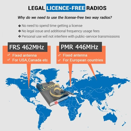 RETEVIS License-Free Bluetooth Walkie Talkie for Daily Use showing legal licence-free FRS 462MHz and PMR 446MHz map comparison