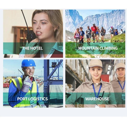 RETEVIS License-Free Bluetooth Walkie Talkie for Daily Use shown in hotel, mountain climbing, port logistics and warehouse scenarios
