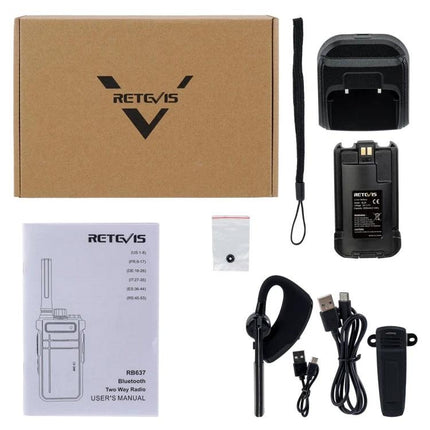 RETEVIS License-Free Bluetooth Walkie Talkie for Daily Use - boxed kit with charger, battery, headset, USB cable and user manual