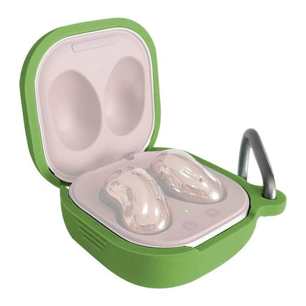 Protective Silicone Case for Samsung Earbuds During Daily Activities - green silicone cover with carabiner protects earbuds from dust and drops