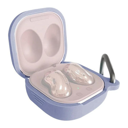 Protective Silicone Case for Samsung Earbuds During Daily Activities - soft blue silicone cover protecting earbuds in open charging case