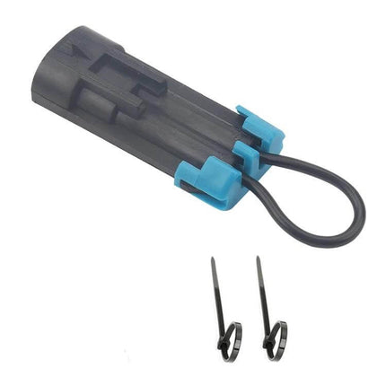 Polaris ATV Seat Belt Harness Bypass Plug with Cable Tie - black plastic bypass plug with blue clips and two cable ties