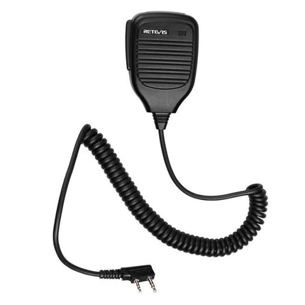 Retevis Handheld PTT Speaker Microphone for Clear Communication – black remote speaker mic with coiled cord and dual-pin connector