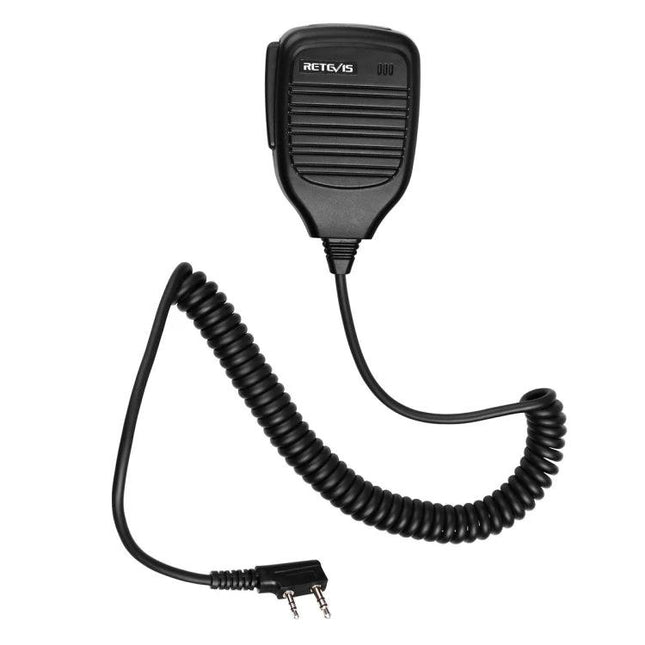 Retevis Handheld PTT Speaker Microphone for Clear Communication – black remote speaker mic with coiled cord and dual-pin connector