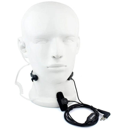 Retevis Throat PTT Acoustic Tube Earphone for Secure Communication shown on mannequin with throat mic, acoustic tube and PTT cable