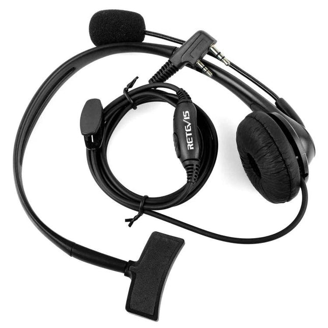 RETEVIS 2-Pin PTT Headphone Microphone for Two-Way Radios headset with boom mic, earcup, inline PTT and 2-pin connector for hands-free radio communication