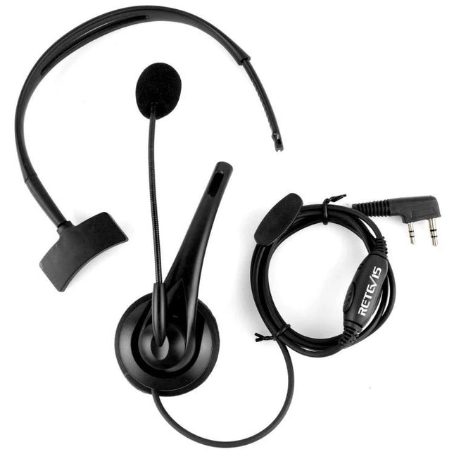 RETEVIS 2-Pin PTT Headphone Microphone for Two-Way Radios single-ear headset with boom mic and coiled 2-pin cable for hands-free communication