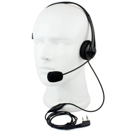RETEVIS 2-Pin PTT Headphone Microphone for Two-Way Radios on mannequin with boom mic and 2-pin connector