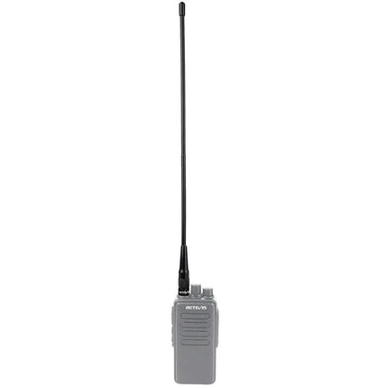 RETEVIS RHD-771 Dual Band Antenna for Handheld Radios mounted on a handheld radio, 2.15dBi gain, 20W power handling for extended range and clearer signals