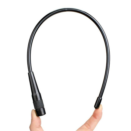 RETEVIS RHD-771 Dual Band Antenna for Handheld Radios held between fingers showing flexible black whip antenna with SMA connector