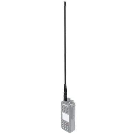 RETEVIS RHD-771 Dual Band Antenna for Handheld Radios mounted on a handheld radio, 2.15dBi gain, 20W power handling for improved range