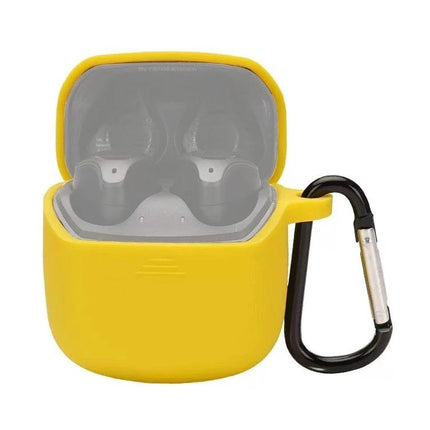 JBL Silicone Protective Case for Everyday Earphone Carry in yellow with carabiner, durable dust-resistant silicone protection
