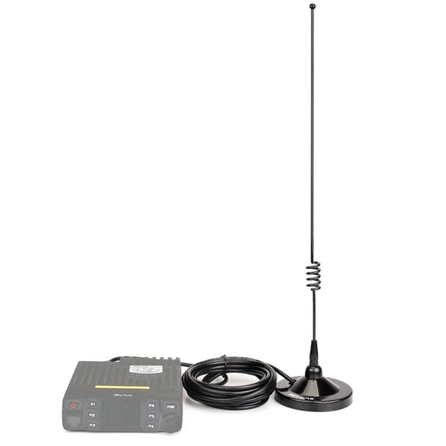 RETEVIS MR100 Dual-Band Magnet Mount Antenna for Mobile Communication mounted on car radio with magnetic base and coax cable