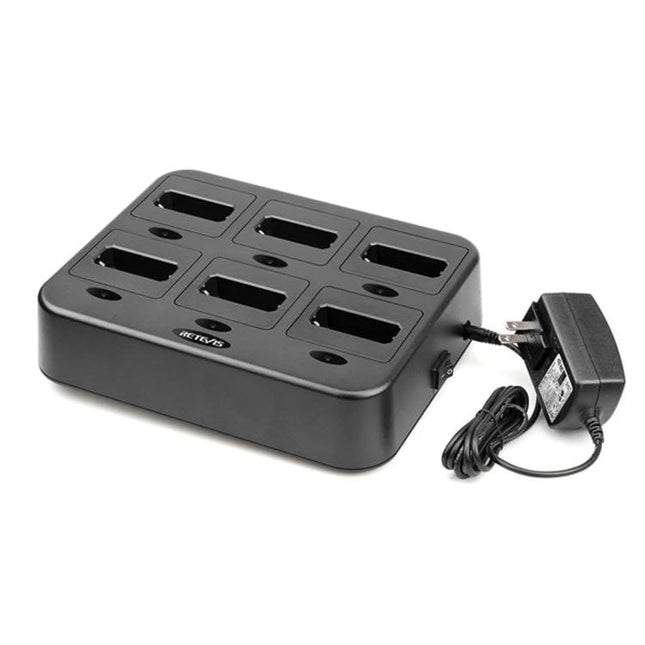 Retevis Six-Way Walkie Talkie Charging Station for Radios shown charging base with six slots and power adapter for radios