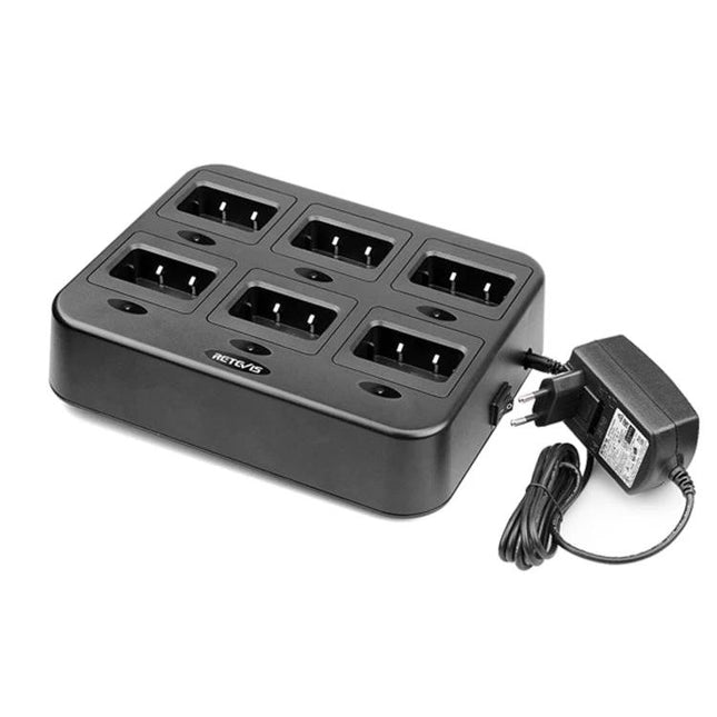 Retevis Six-Way Walkie Talkie Charger for Multiple Devices charging dock holding six radios with power adapter, warehouse and event-ready communication station