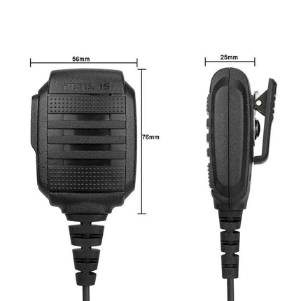 RETEVIS Waterproof Speaker Microphone for Two-Way Radios showing front and side views with dimensions and belt clip