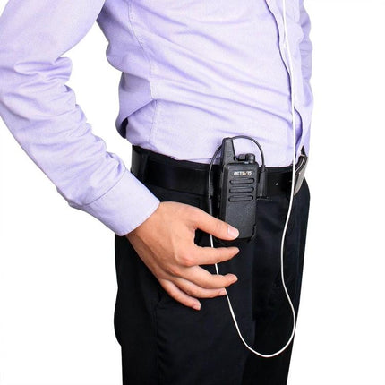 Retevis Kenwood 2-Pin to 3.5mm Audio Transfer Cable for Walkie-Talkies shown connected to a belt-mounted walkie-talkie with 3.5mm headset
