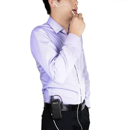 Retevis Kenwood 2-Pin to 3.5mm Audio Transfer Cable for Walkie-Talkies shown connecting a 3.5mm headset to a walkie-talkie for hands-free communication