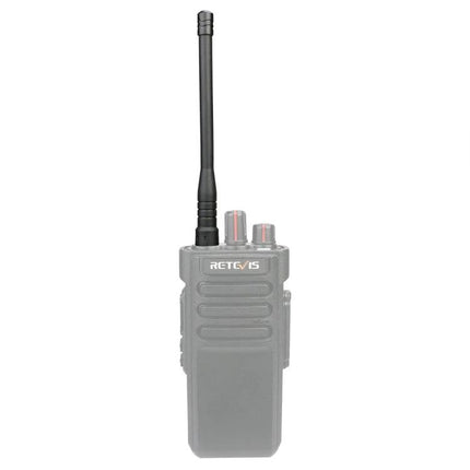Retevis HA01 Dual-Band Antenna for Portable Radios mounted on handheld radio, 2.15dBi gain for improved VHF/UHF range and clarity