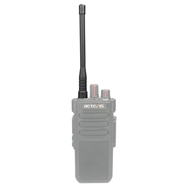 Retevis HA01 Dual-Band Antenna for Portable Radios mounted on handheld radio, 2.15dBi gain for improved VHF/UHF range and clarity