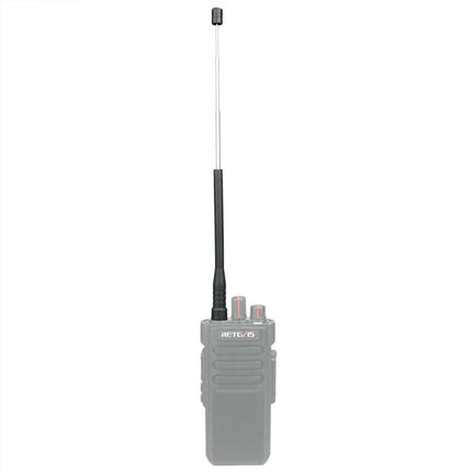Retevis HA01 Dual-Band Antenna for Portable Radios mounted on handheld radio, 2.15dBi gain for improved VHF/UHF range and reduced interference