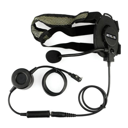 Retevis Waterproof Tactical Headphone Microphone for High-Noise Use flat lay showing headset, boom mic, earpiece and cables for tactical environments