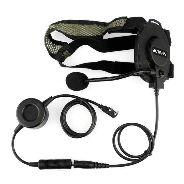 Retevis Waterproof Tactical Headphone Microphone for High-Noise Use flat lay showing headset, boom mic, earpiece and cables for tactical environments