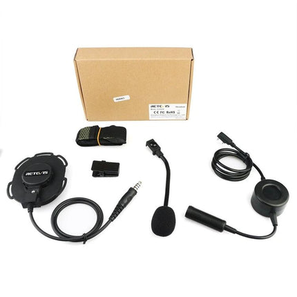 Retevis Waterproof Tactical Headphone Microphone for High-Noise Use laid out with headset, boom mic, push-to-talk, and waterproof connector kit
