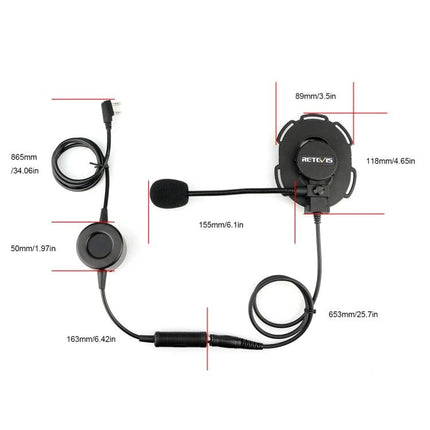 Retevis Waterproof Tactical Headphone Microphone for High-Noise Use showing headset, boom mic, push-to-talk and cable with dimensions