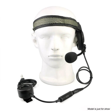 Retevis Waterproof Tactical Headphone Microphone for High-Noise Use shown on mannequin with boom mic, ear pad, cable and connector