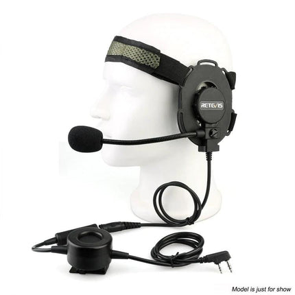 Retevis Waterproof Tactical Headphone Microphone for High-Noise Use on mannequin with boom mic, head strap, inline PTT and dual-pin connector