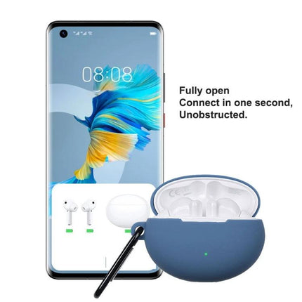 Silicone Case for Huawei FreeBuds to Protect Daily Commutes - blue flexible protective cover with keyring for Huawei FreeBuds 4i shown open next to smartphone