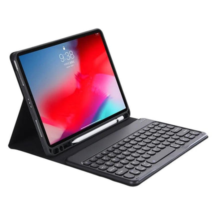 Detachable Bluetooth Keyboard Case for iPad Pro 11 with Stand showing tablet in stand position with keyboard and pencil holder
