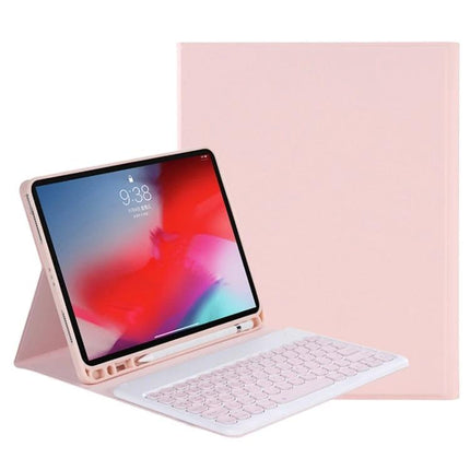 Detachable Bluetooth Keyboard Case for iPad Pro 11 with Stand in pink showing tablet on built-in stand and detachable white keyboard
