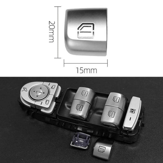 Car Window Lift Switch Button, 20x15mm, Mercedes-Benz Compatible silver replacement button on door panel control cluster