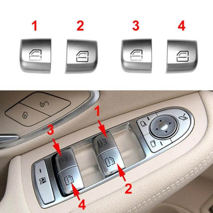 Car Window Lift Switch Button, 20x15mm, Mercedes-Benz Compatible - silver replacement window switch caps shown installed on beige door panel
