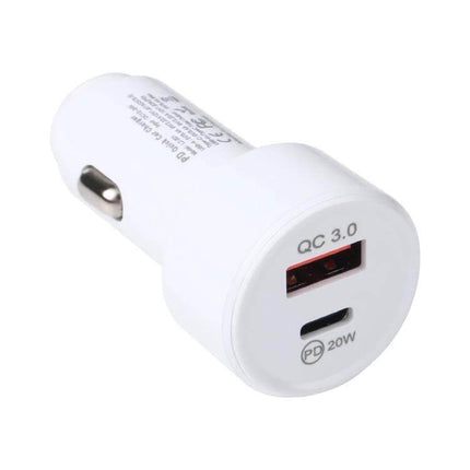 Mini USB C Car Charger for Quick Phone Charging on the Go - compact white dual-port car adapter with USB-A QC3.0 and USB-C PD 20W