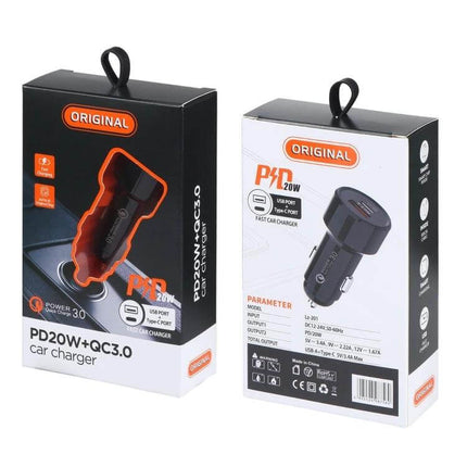 Mini USB C Car Charger for Quick Phone Charging on the Go — compact PD20W+QC3.0 dual-port USB-A/USB-C car charger in retail packaging