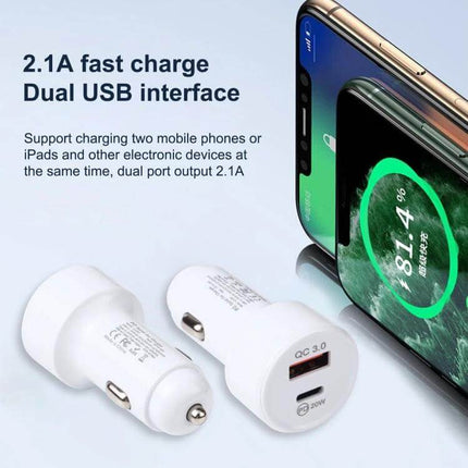 Mini USB C Car Charger for Quick Phone Charging on the Go - compact white dual-port car adapter with USB-A and USB-C showing fast charging on phone